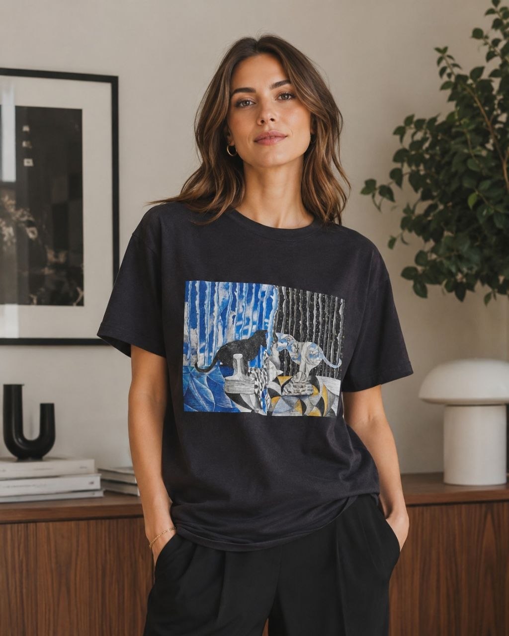 T-shirt artistique – Deux Chats en Miroir