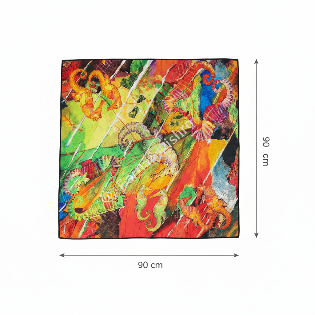 Foulard Hippocampes – Vue de dessus 90x90 filigrane