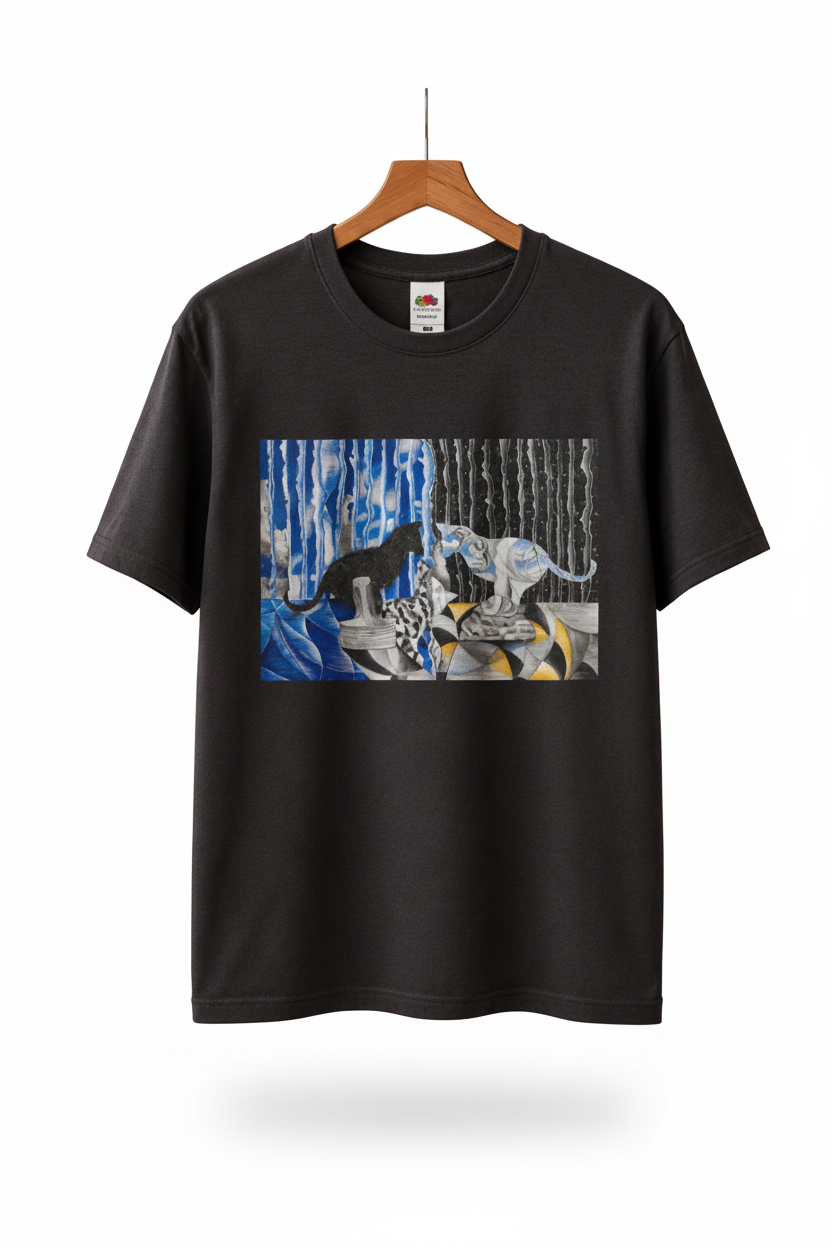T-shirt noir avec motif artistique de félins bleus et gris sur fond blanc