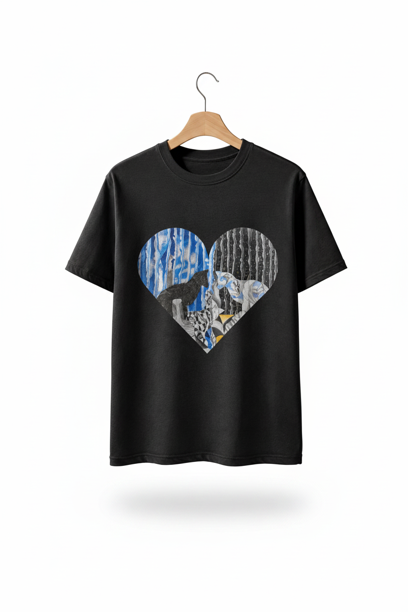 T-shirt noir avec motif artistique en forme de cœur représentant des félins, sur fond blanc